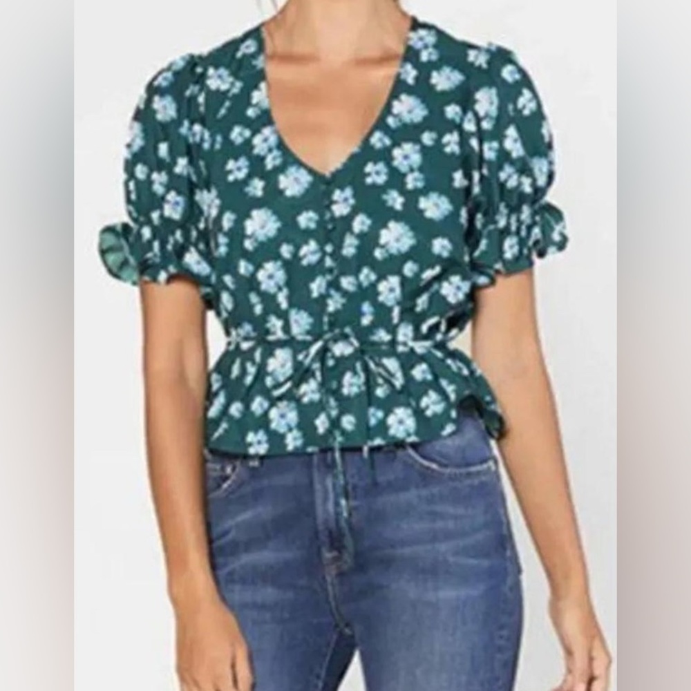 Outerknown Teal Astral Floral Puff Sleeve Blouse - NWOT - Size L